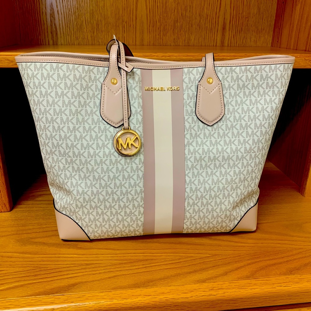 MICHAEL KORS women’s Eva logo large strip tote handbag pink and ivory